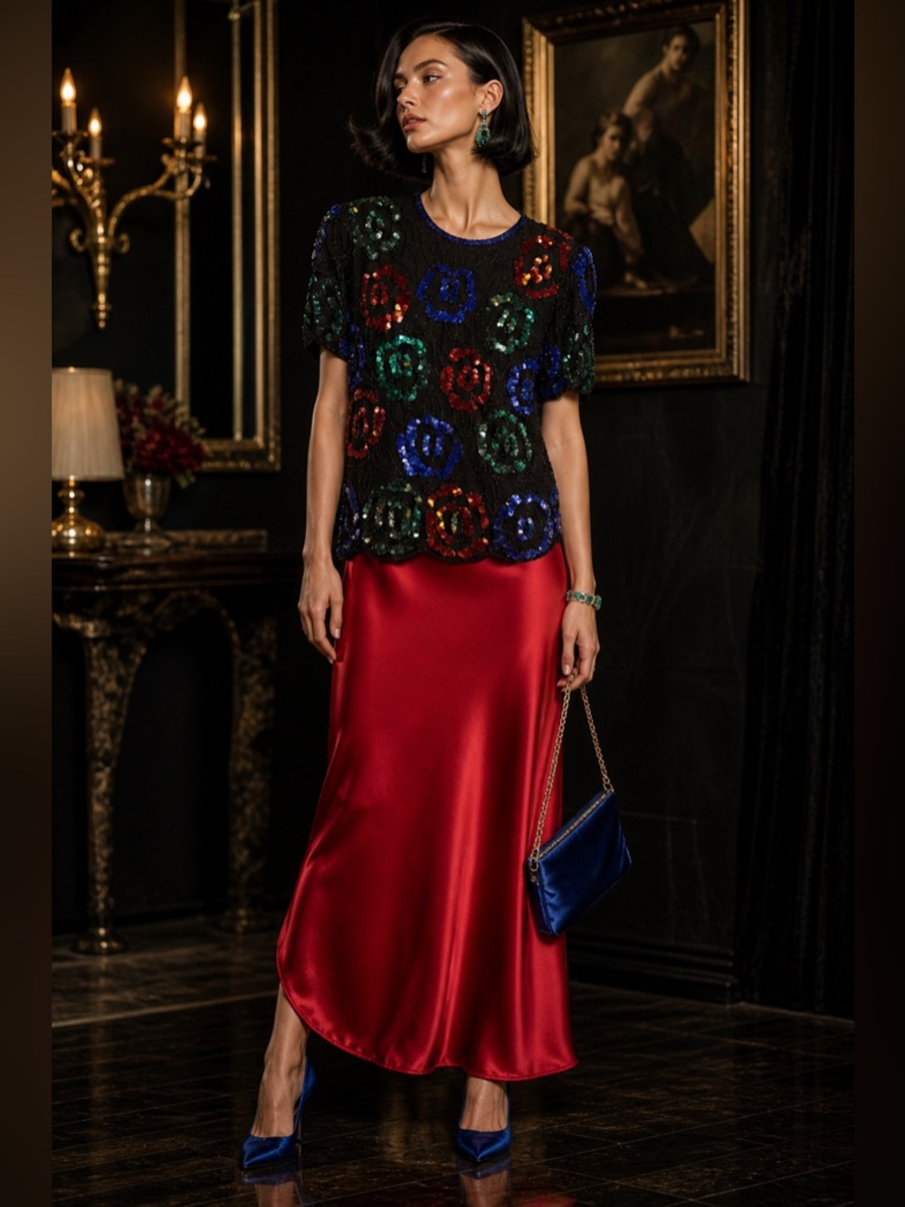 🌹 Laurence Kazar Vintage Black Silk Sequin Beaded Top – Multicolor Floral Glam